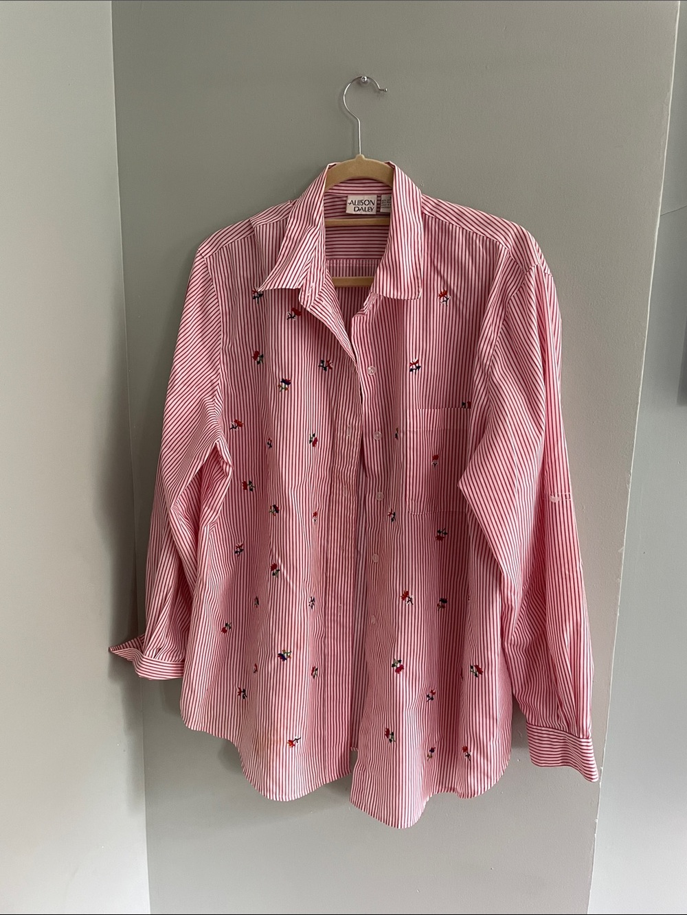 Red Striped Button-Up Shirt with Floral Embroidery